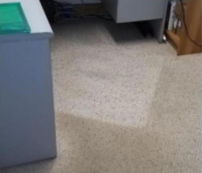 noticeably soiled carpeting under a desk with an outline of a rolling chair mat